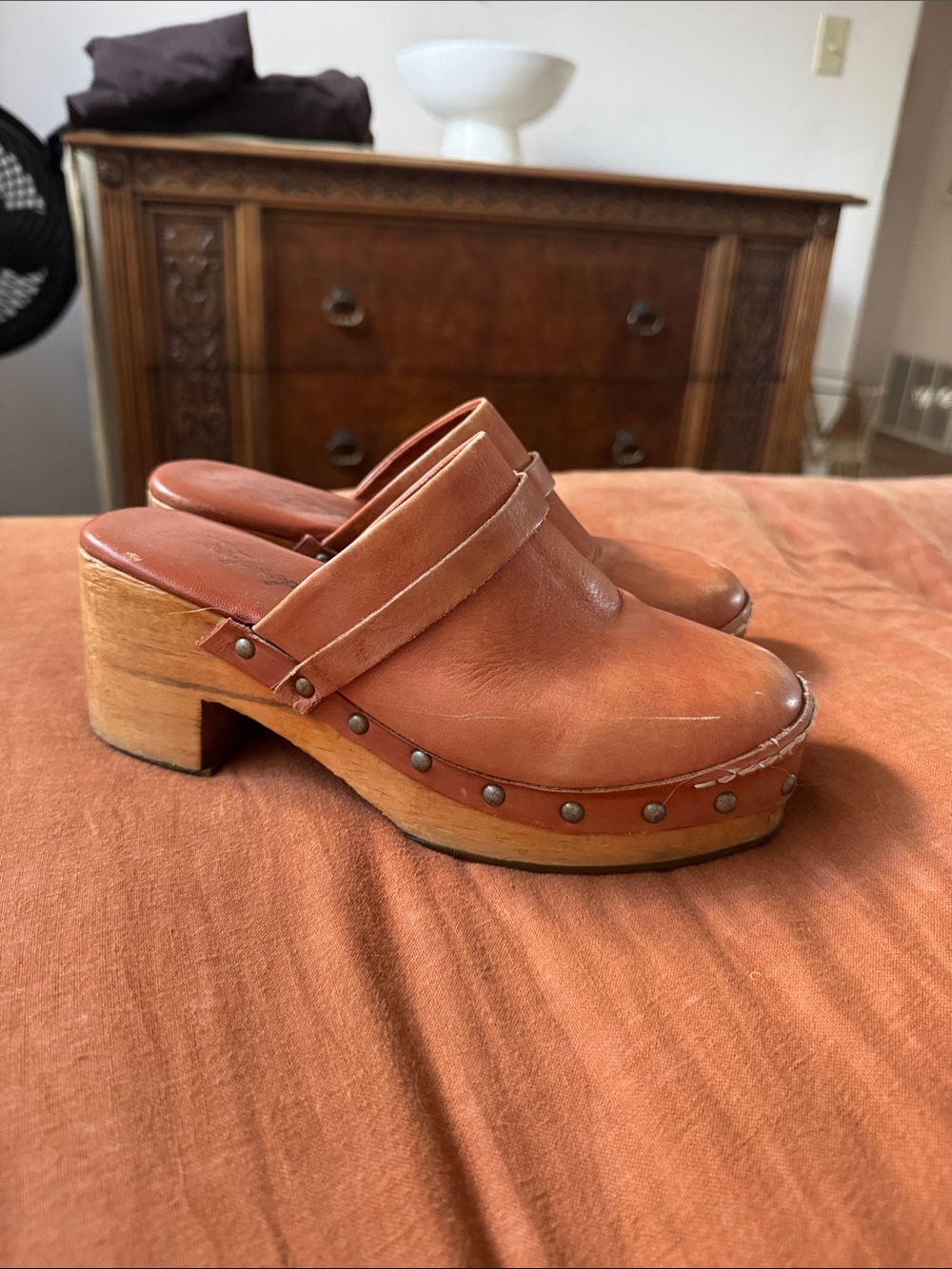 Free People Leather Clog Mules in Rust
